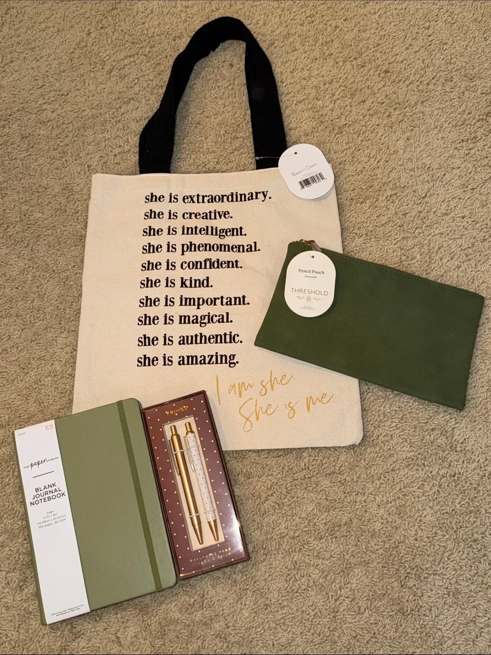 Inspiring tote, pencil pouch, blank journal notebook and pen set